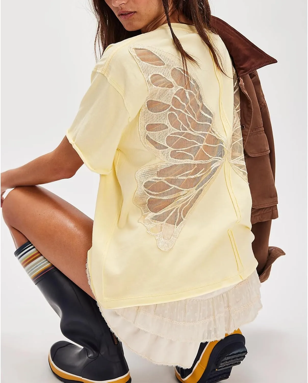Women Butterfly Lace Short Sleeve Top Y2k Oversized Cut Out Solid Crew Neck T Shirts Summer Embroidered Tee