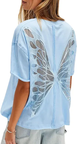 Women Butterfly Lace Short Sleeve Top Y2k Oversized Cut Out Solid Crew Neck T Shirts Summer Embroidered Tee