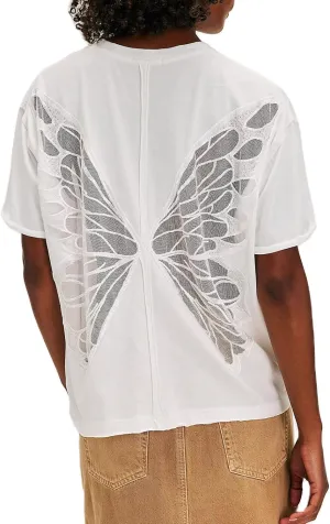 Women Butterfly Lace Short Sleeve Top Y2k Oversized Cut Out Solid Crew Neck T Shirts Summer Embroidered Tee