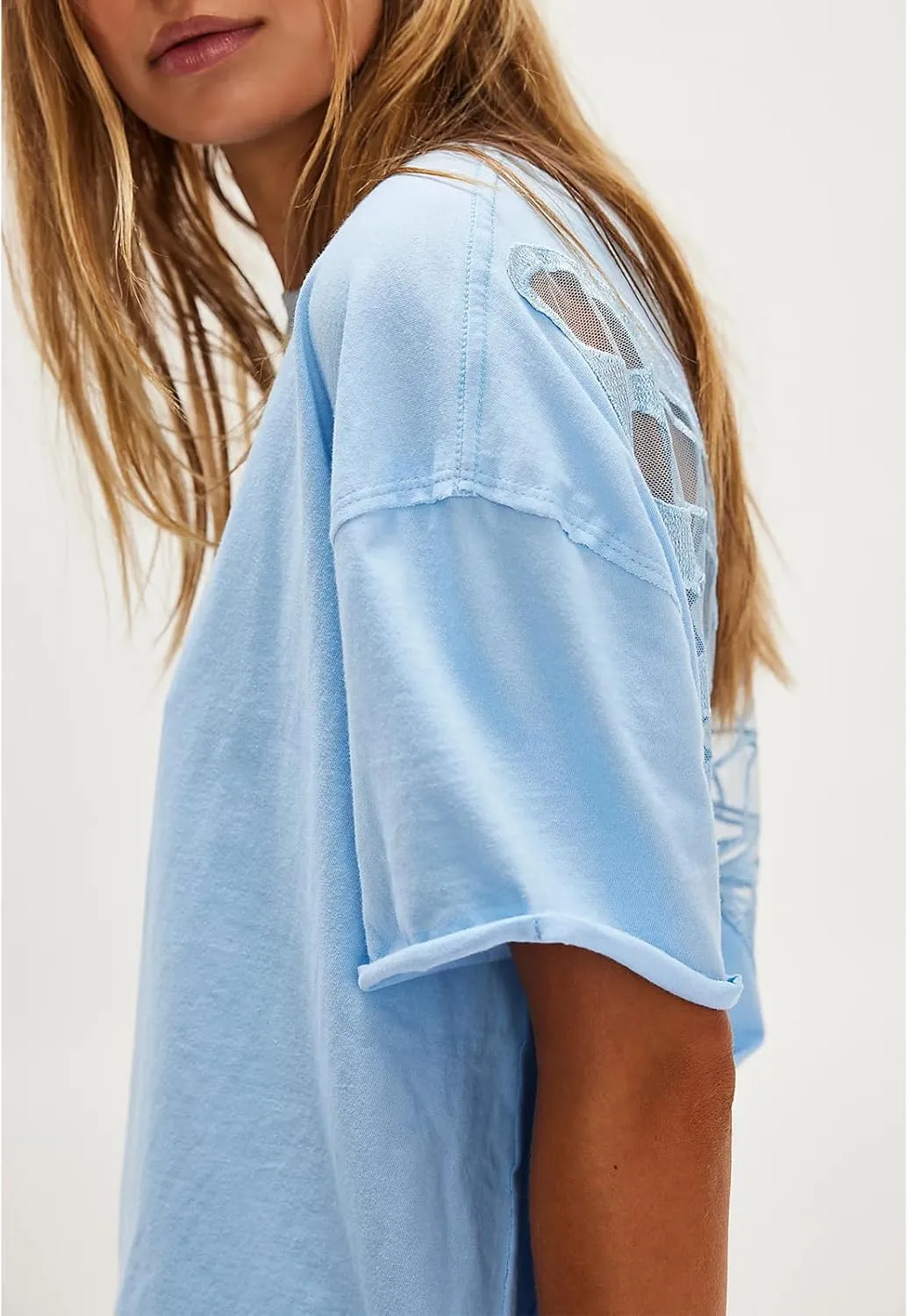 Women Butterfly Lace Short Sleeve Top Y2k Oversized Cut Out Solid Crew Neck T Shirts Summer Embroidered Tee