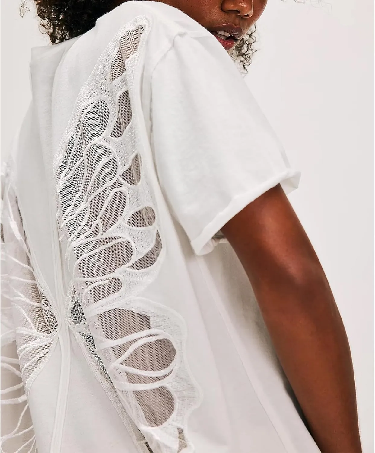 Women Butterfly Lace Short Sleeve Top Y2k Oversized Cut Out Solid Crew Neck T Shirts Summer Embroidered Tee