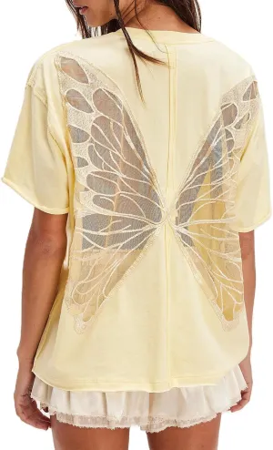 Women Butterfly Lace Short Sleeve Top Y2k Oversized Cut Out Solid Crew Neck T Shirts Summer Embroidered Tee