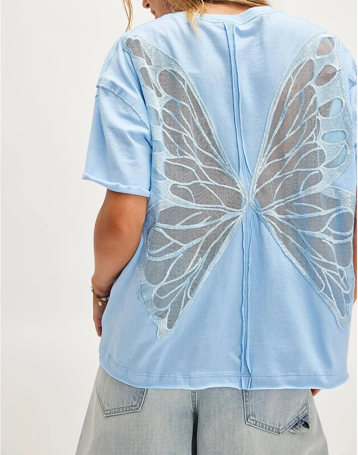 Women Butterfly Lace Short Sleeve Top Y2k Oversized Cut Out Solid Crew Neck T Shirts Summer Embroidered Tee