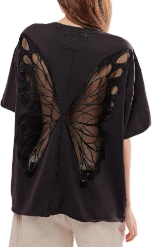 Women Butterfly Lace Short Sleeve Top Y2k Oversized Cut Out Solid Crew Neck T Shirts Summer Embroidered Tee