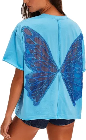 Women Butterfly Lace Short Sleeve Top Y2k Oversized Cut Out Solid Crew Neck T Shirts Summer Embroidered Tee