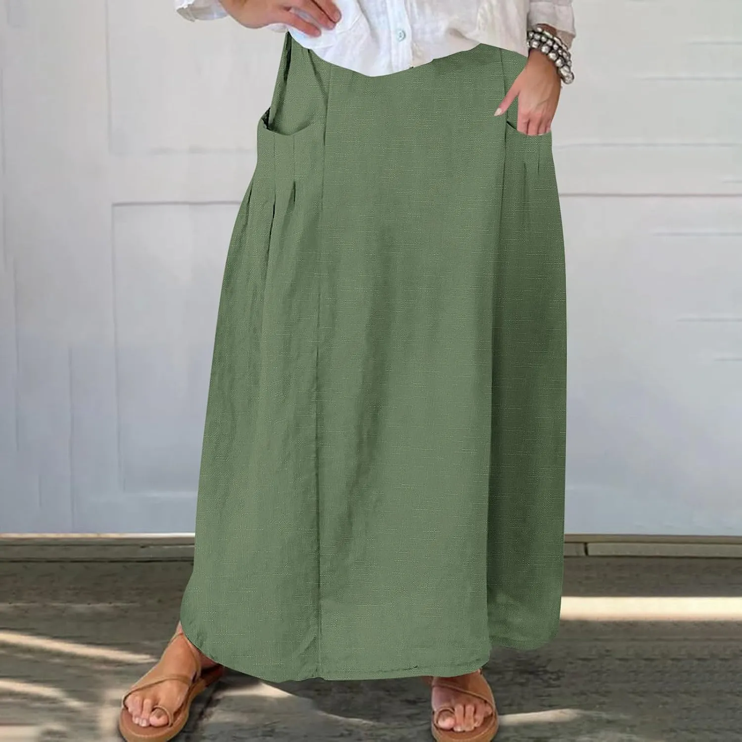 Women Casual Skirts Elastic Waist Summer Skirts Plus Size Maxi Skirts with Pockets A Line Vacation Skirts Loose Skirt