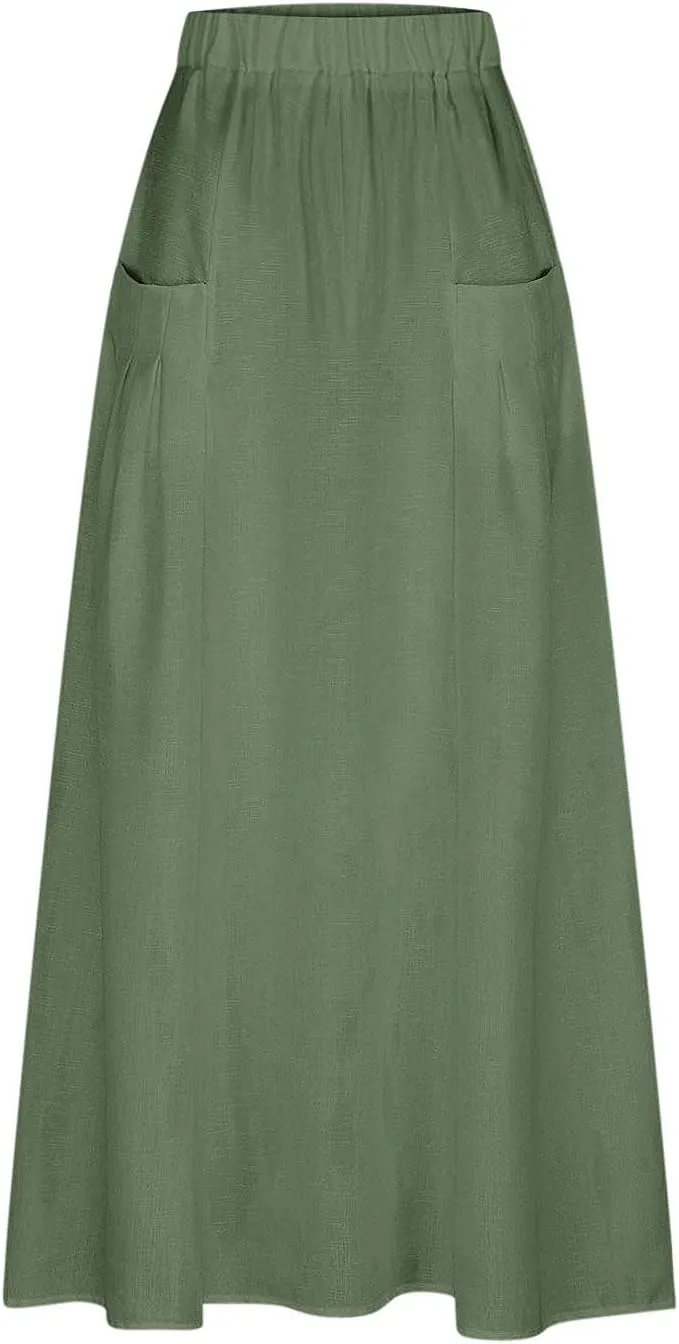 Women Casual Skirts Elastic Waist Summer Skirts Plus Size Maxi Skirts with Pockets A Line Vacation Skirts Loose Skirt