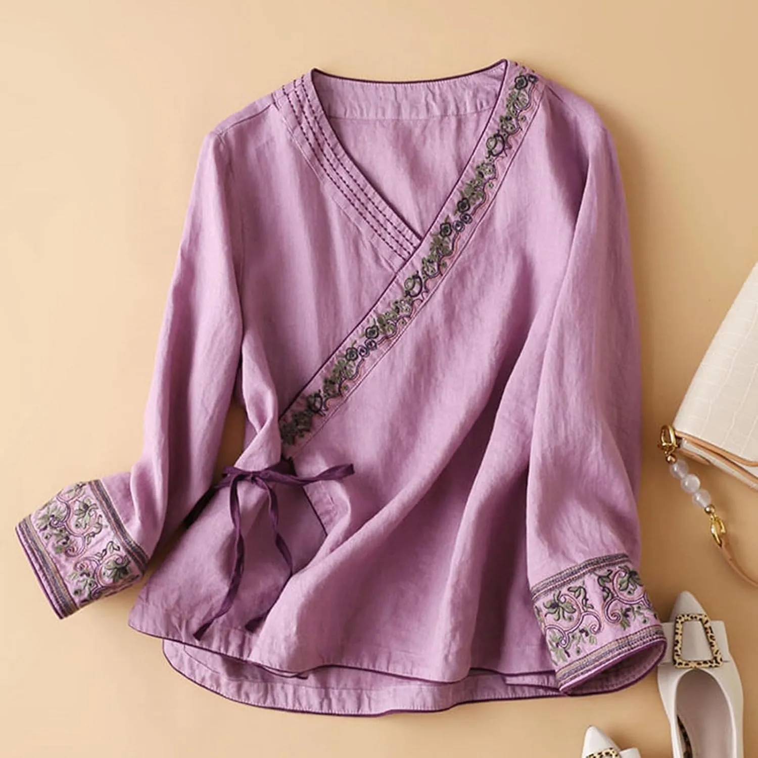 Women Cotton Linen Shirts Vintage Chinese Embroidery 3/4 Sleeve Casual Trendy Tops Loose V Neck Side Tie Slit Blouse
