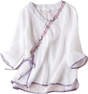 Women Cotton Linen Shirts Vintage Chinese Embroidery 3/4 Sleeve Casual Trendy Tops Loose V Neck Side Tie Slit Blouse