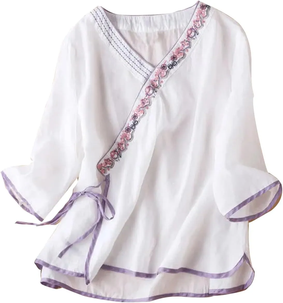 Women Cotton Linen Shirts Vintage Chinese Embroidery 3/4 Sleeve Casual Trendy Tops Loose V Neck Side Tie Slit Blouse