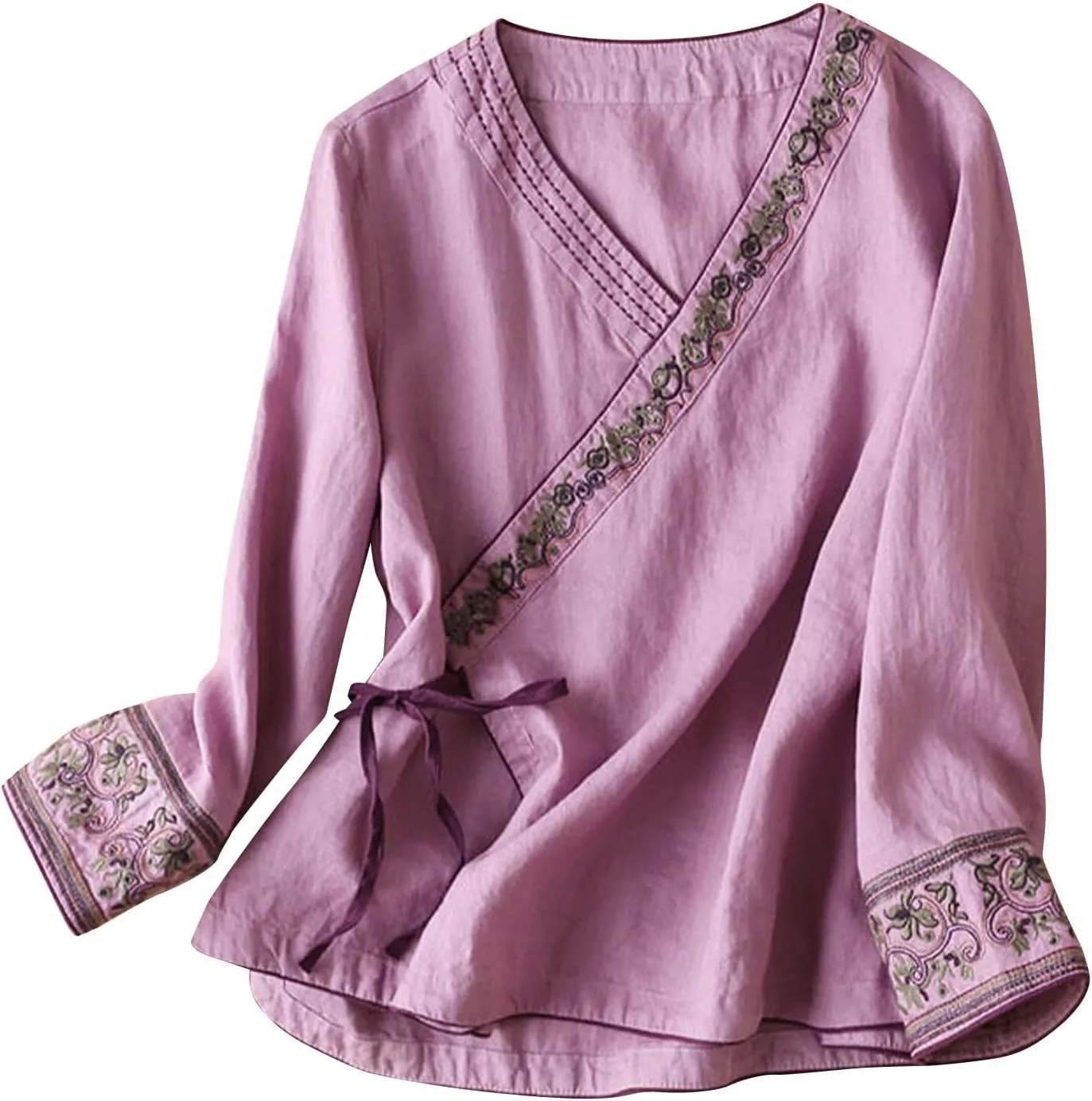 Women Cotton Linen Shirts Vintage Chinese Embroidery 3/4 Sleeve Casual Trendy Tops Loose V Neck Side Tie Slit Blouse