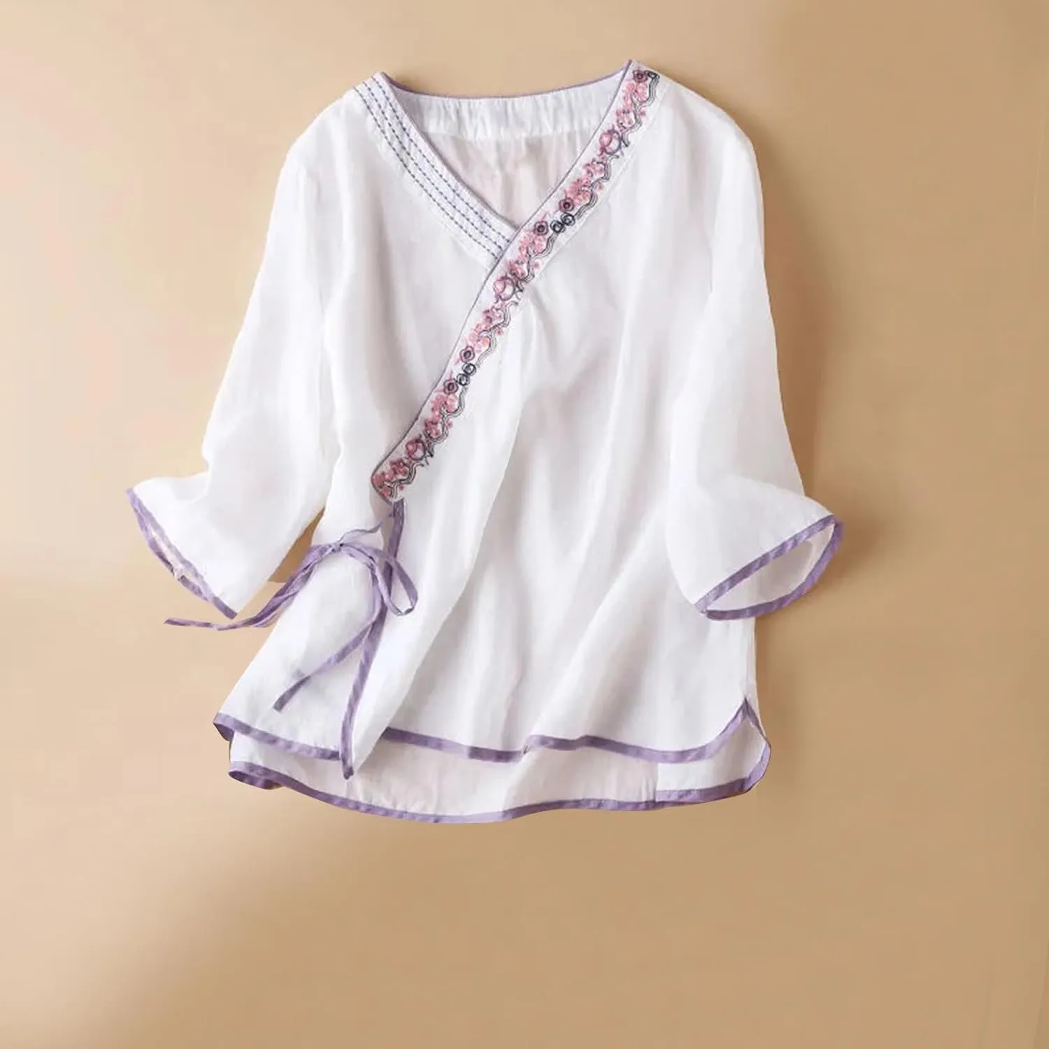 Women Cotton Linen Shirts Vintage Chinese Embroidery 3/4 Sleeve Casual Trendy Tops Loose V Neck Side Tie Slit Blouse