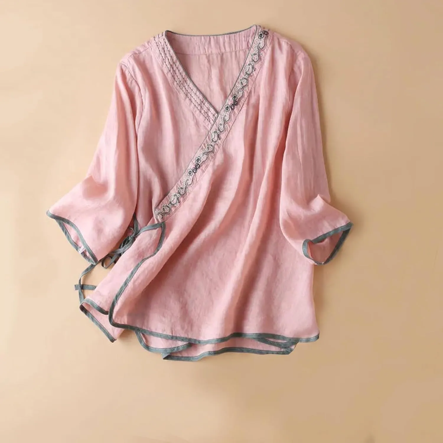 Women Cotton Linen Shirts Vintage Chinese Embroidery 3/4 Sleeve Casual Trendy Tops Loose V Neck Side Tie Slit Blouse