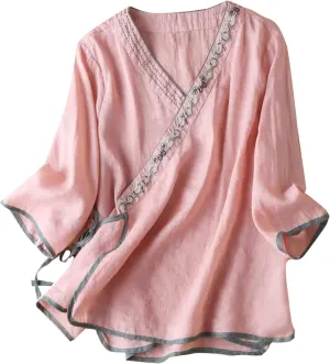 Women Cotton Linen Shirts Vintage Chinese Embroidery 3/4 Sleeve Casual Trendy Tops Loose V Neck Side Tie Slit Blouse