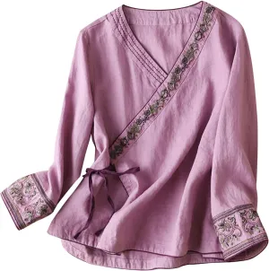 Women Cotton Linen Shirts Vintage Chinese Embroidery 3/4 Sleeve Casual Trendy Tops Loose V Neck Side Tie Slit Blouse