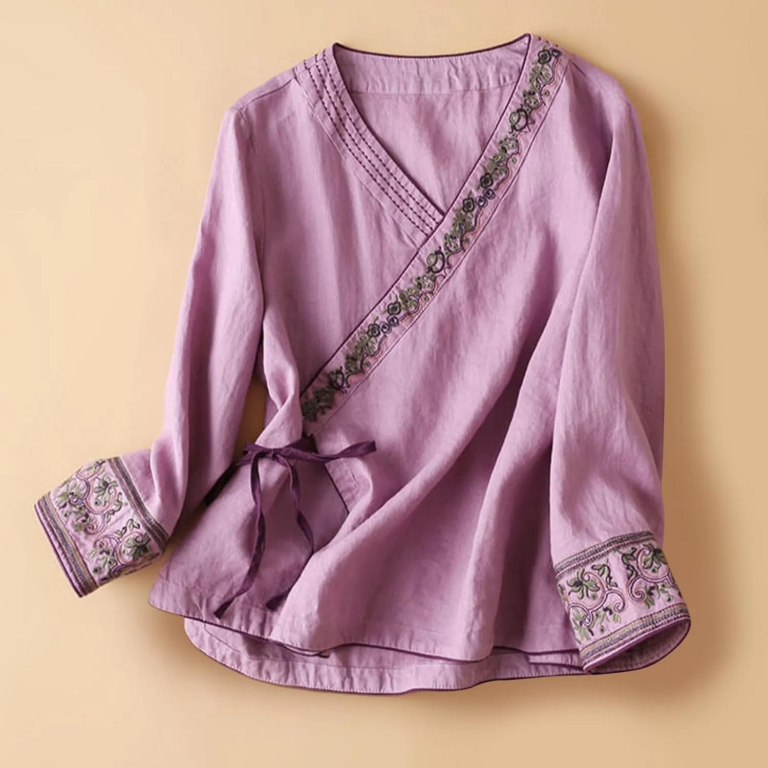 Women Cotton Linen Shirts Vintage Chinese Embroidery 3/4 Sleeve Casual Trendy Tops Loose V Neck Side Tie Slit Blouse