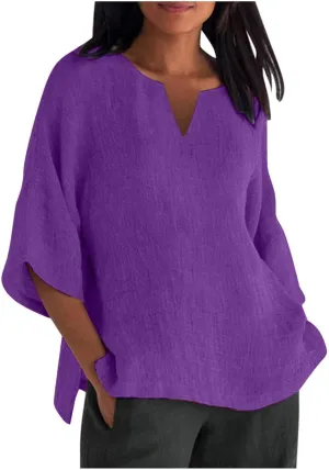Women Cotton Linen Tops Causal Summer Short Sleeve Oversized T Shirts V Neck Loose Blouses 2025 Trendy Outfits