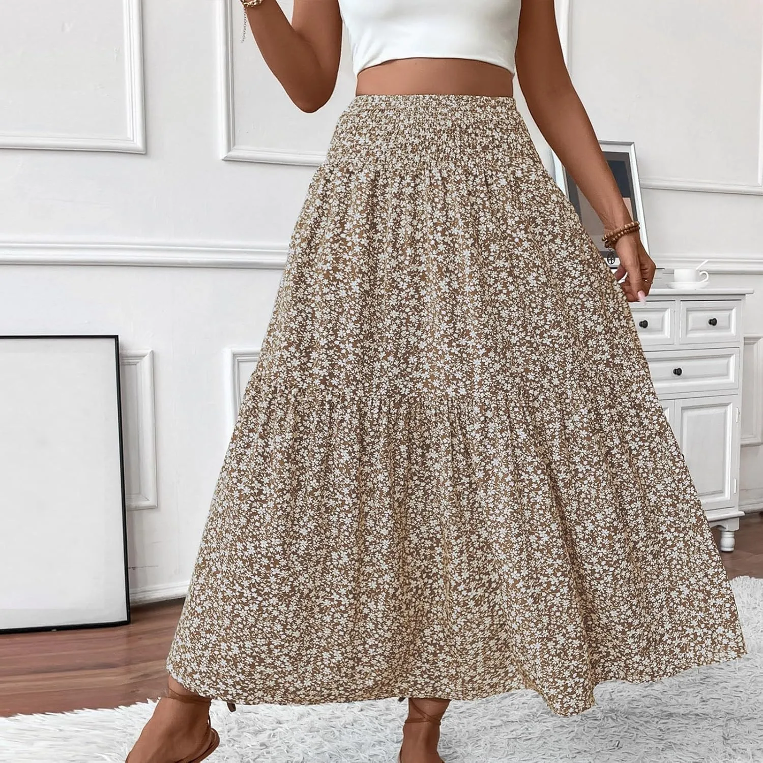 Women Floral Maxi Skirt Smocked High Waist Cotton Flowy Long Skirts Summer Boho Beach Hawaiian Vacation A Line Skirt