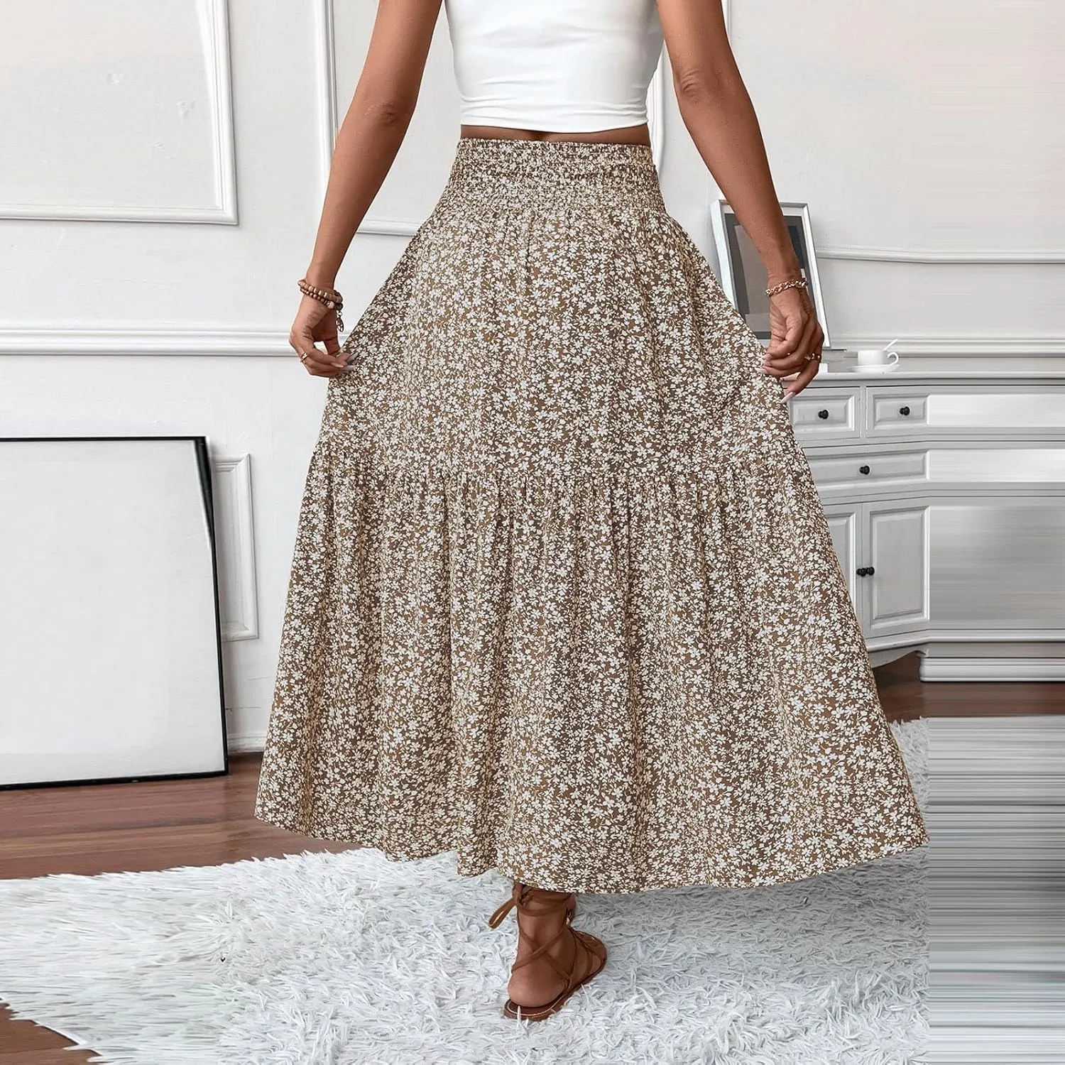Women Floral Maxi Skirt Smocked High Waist Cotton Flowy Long Skirts Summer Boho Beach Hawaiian Vacation A Line Skirt