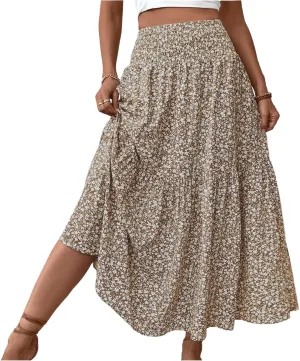 Women Floral Maxi Skirt Smocked High Waist Cotton Flowy Long Skirts Summer Boho Beach Hawaiian Vacation A Line Skirt