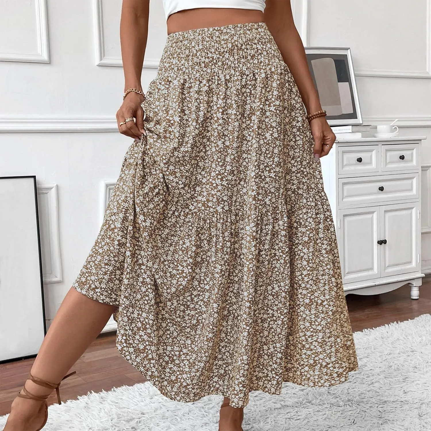 Women Floral Maxi Skirt Smocked High Waist Cotton Flowy Long Skirts Summer Boho Beach Hawaiian Vacation A Line Skirt