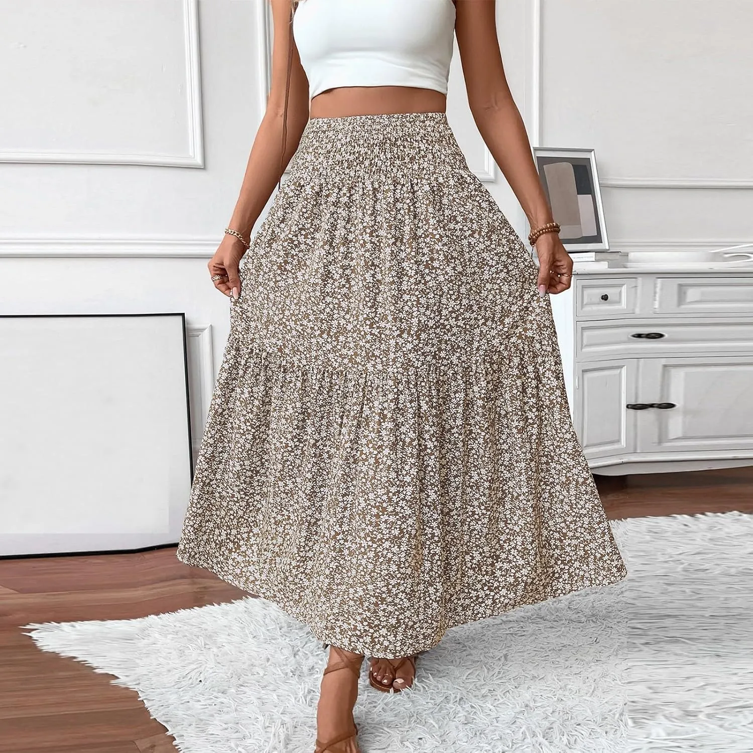 Women Floral Maxi Skirt Smocked High Waist Cotton Flowy Long Skirts Summer Boho Beach Hawaiian Vacation A Line Skirt