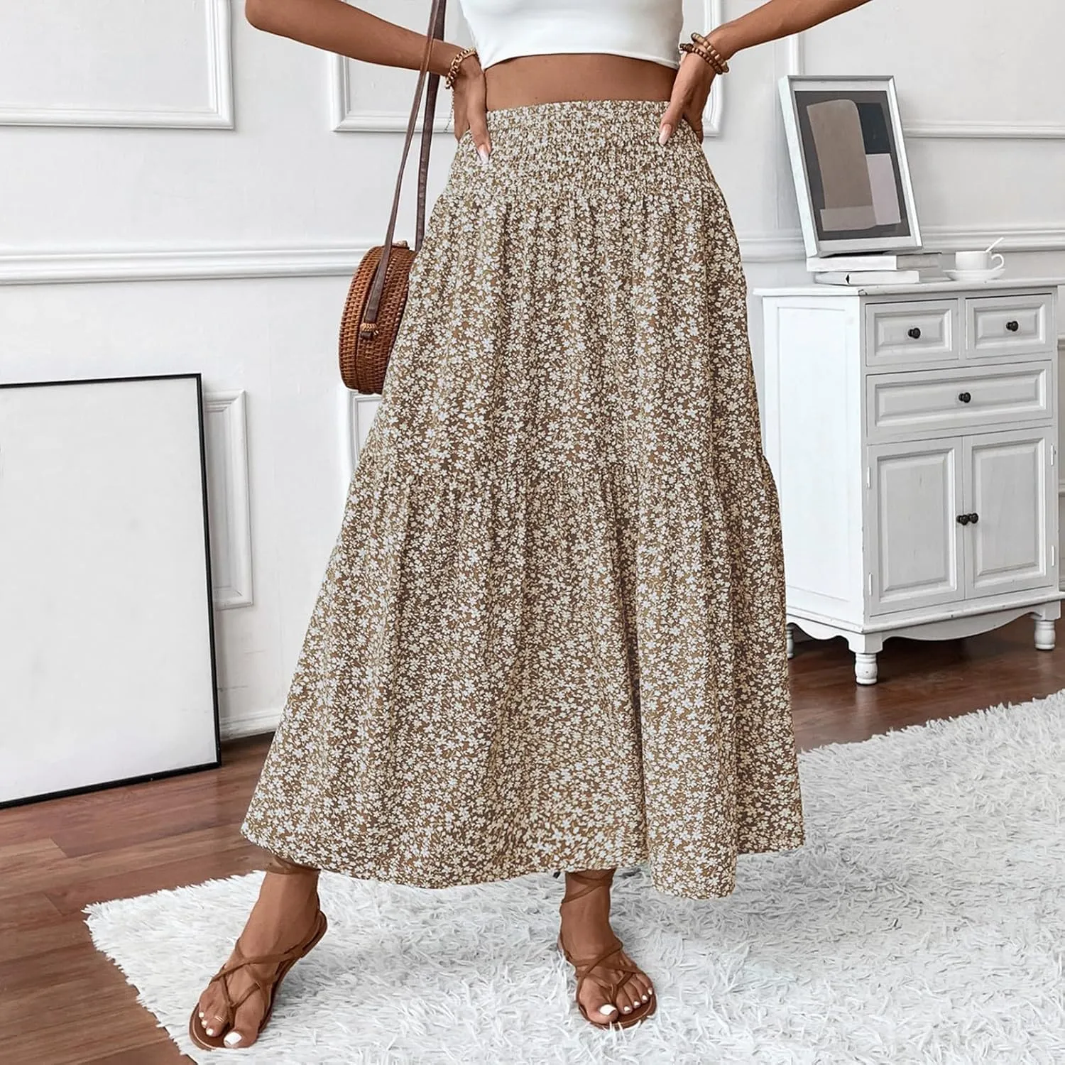 Women Floral Maxi Skirt Smocked High Waist Cotton Flowy Long Skirts Summer Boho Beach Hawaiian Vacation A Line Skirt
