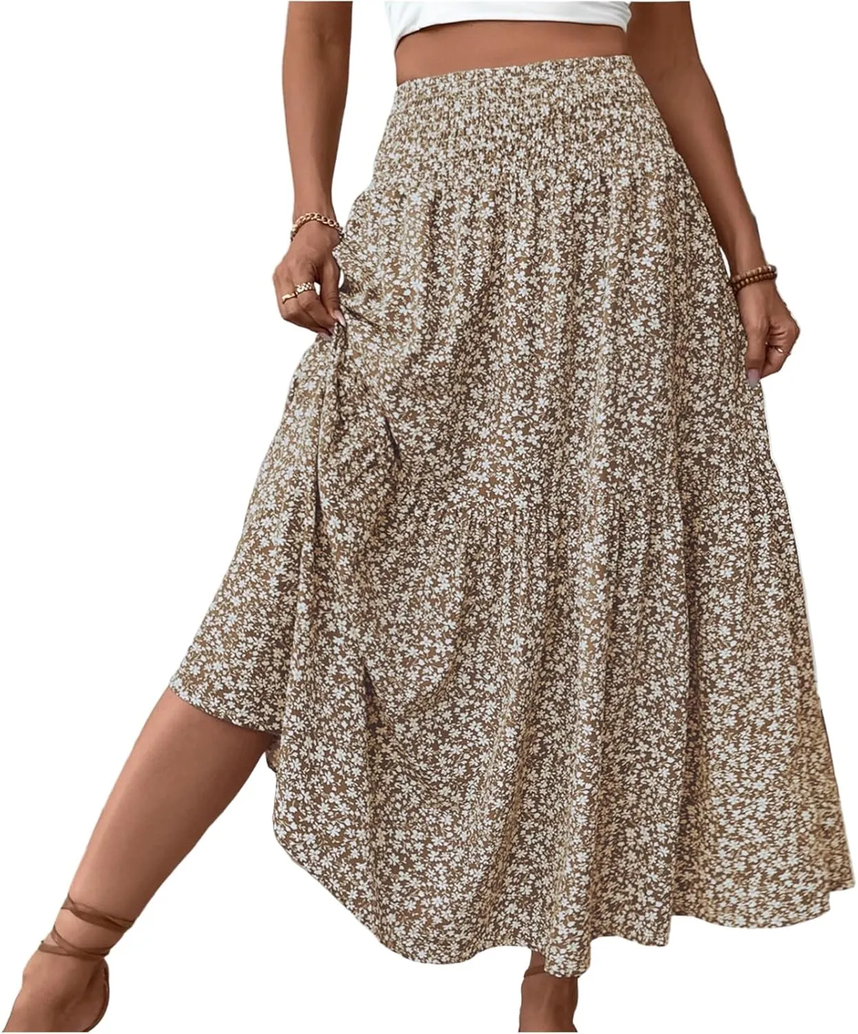 Women Floral Maxi Skirt Smocked High Waist Cotton Flowy Long Skirts Summer Boho Beach Hawaiian Vacation A Line Skirt