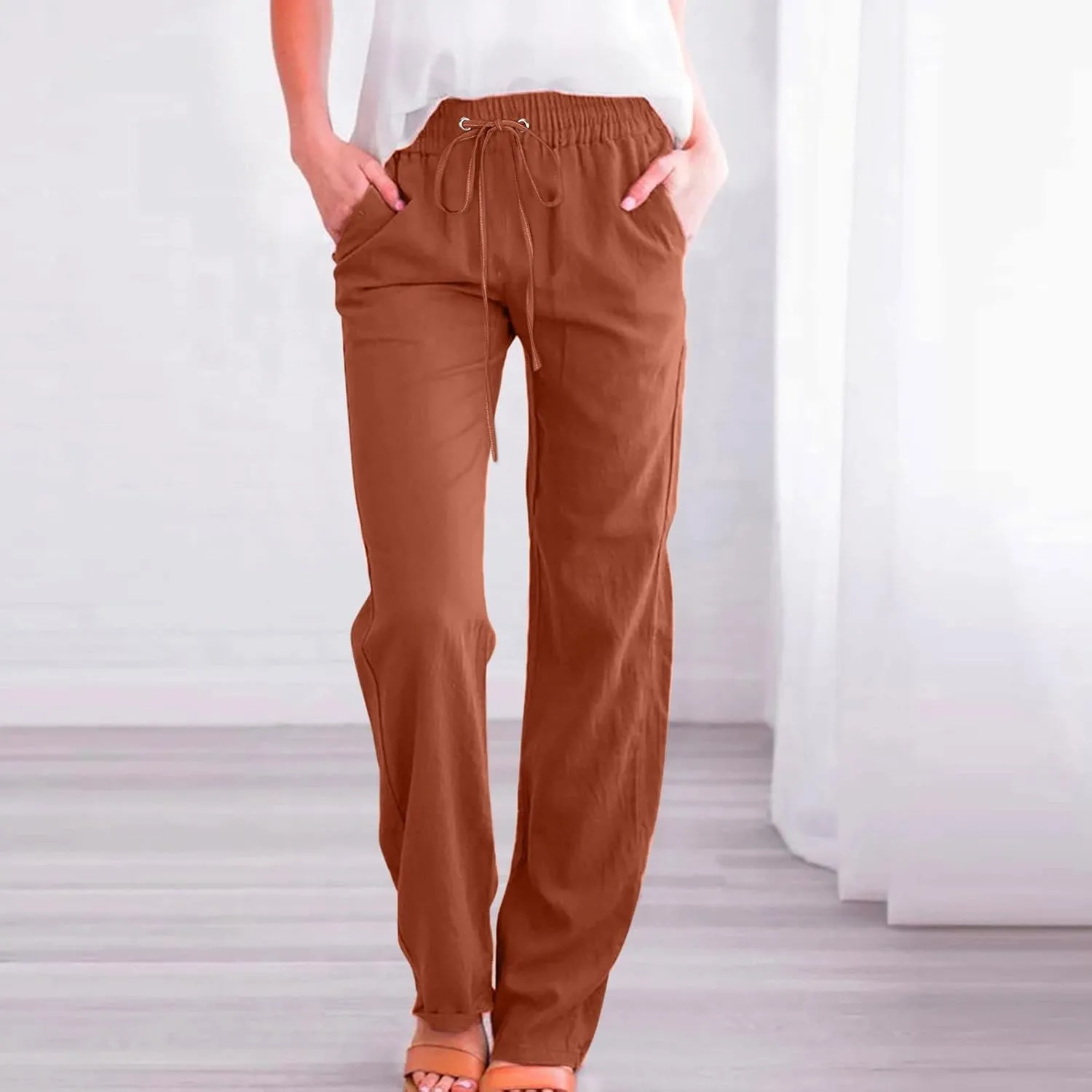 Women High Waisted Wide Leg Pants Casual Drawstring Elastic Trousers Comfy Straight Leg Long Pants Solid Color