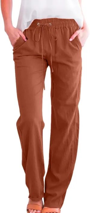 Women High Waisted Wide Leg Pants Casual Drawstring Elastic Trousers Comfy Straight Leg Long Pants Solid Color
