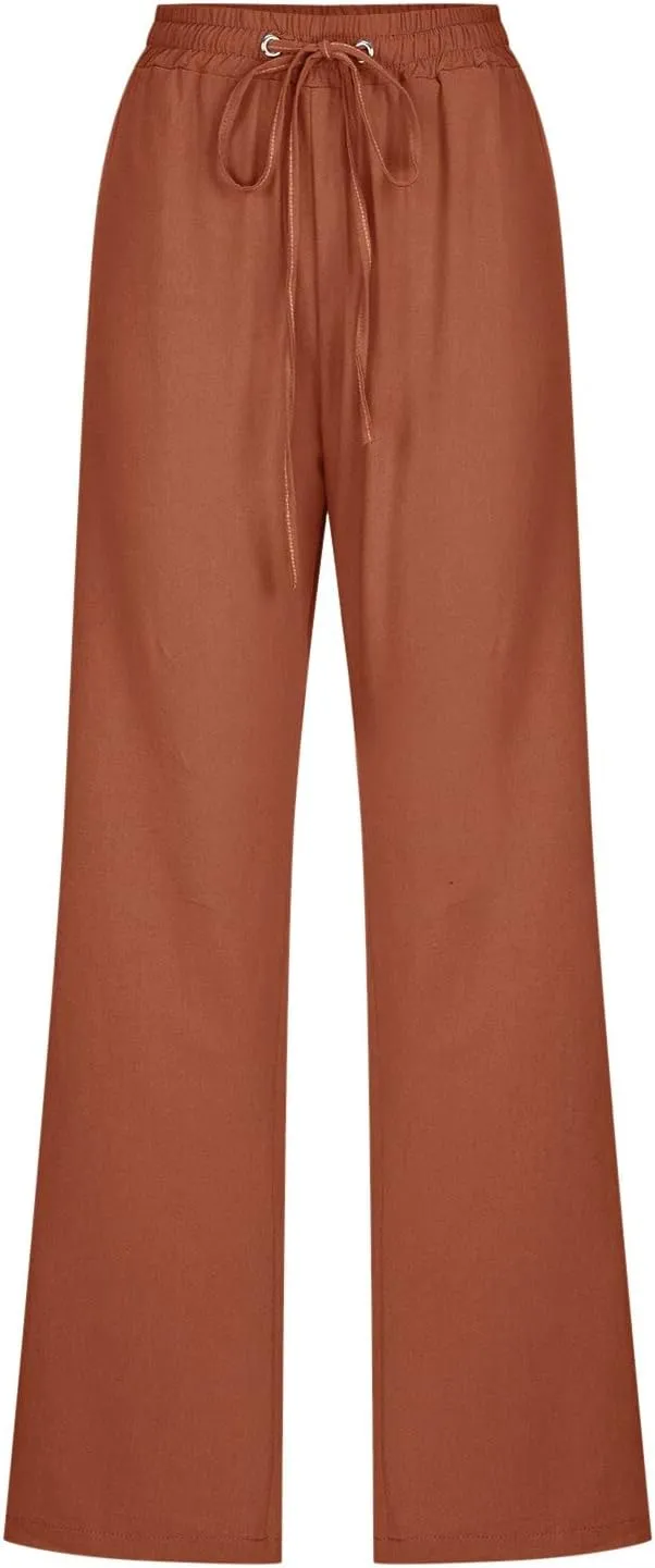 Women High Waisted Wide Leg Pants Casual Drawstring Elastic Trousers Comfy Straight Leg Long Pants Solid Color