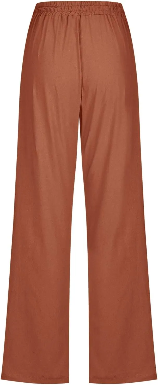 Women High Waisted Wide Leg Pants Casual Drawstring Elastic Trousers Comfy Straight Leg Long Pants Solid Color