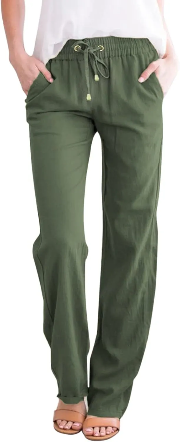 Women High Waisted Wide Leg Pants Casual Drawstring Elastic Trousers Comfy Straight Leg Long Pants with Pockets