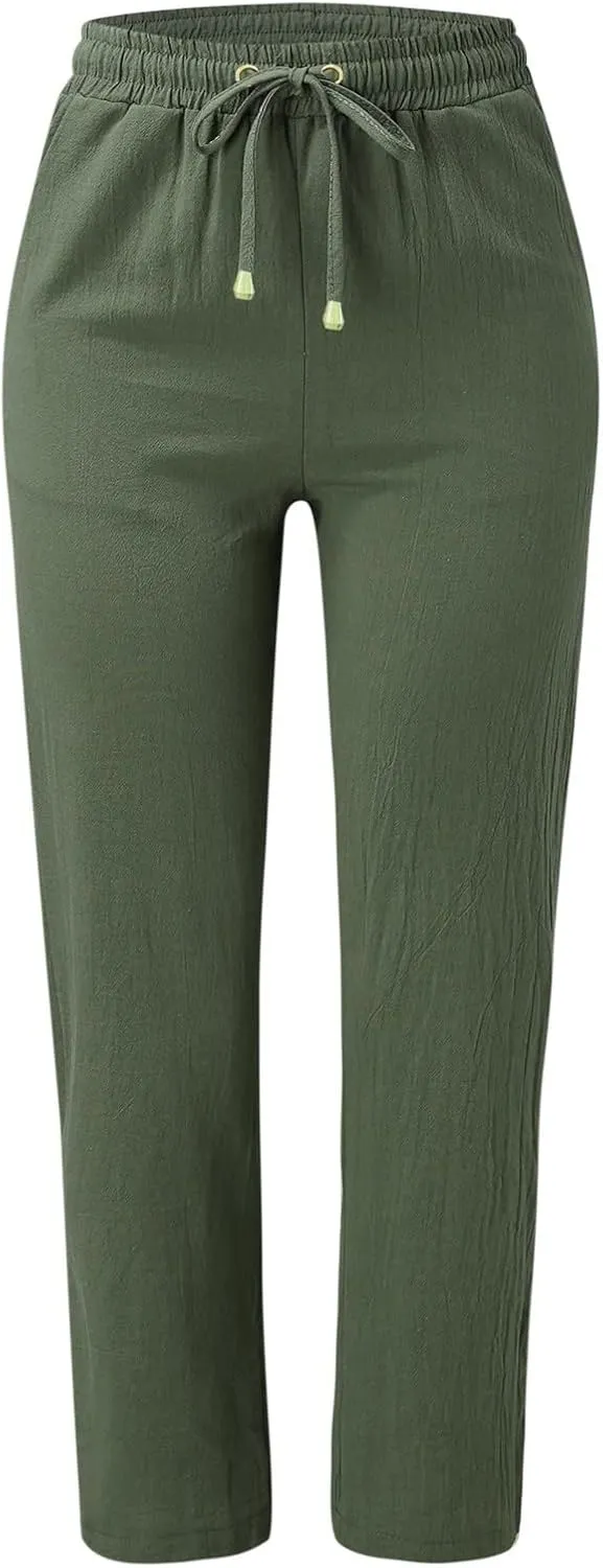 Women High Waisted Wide Leg Pants Casual Drawstring Elastic Trousers Comfy Straight Leg Long Pants with Pockets