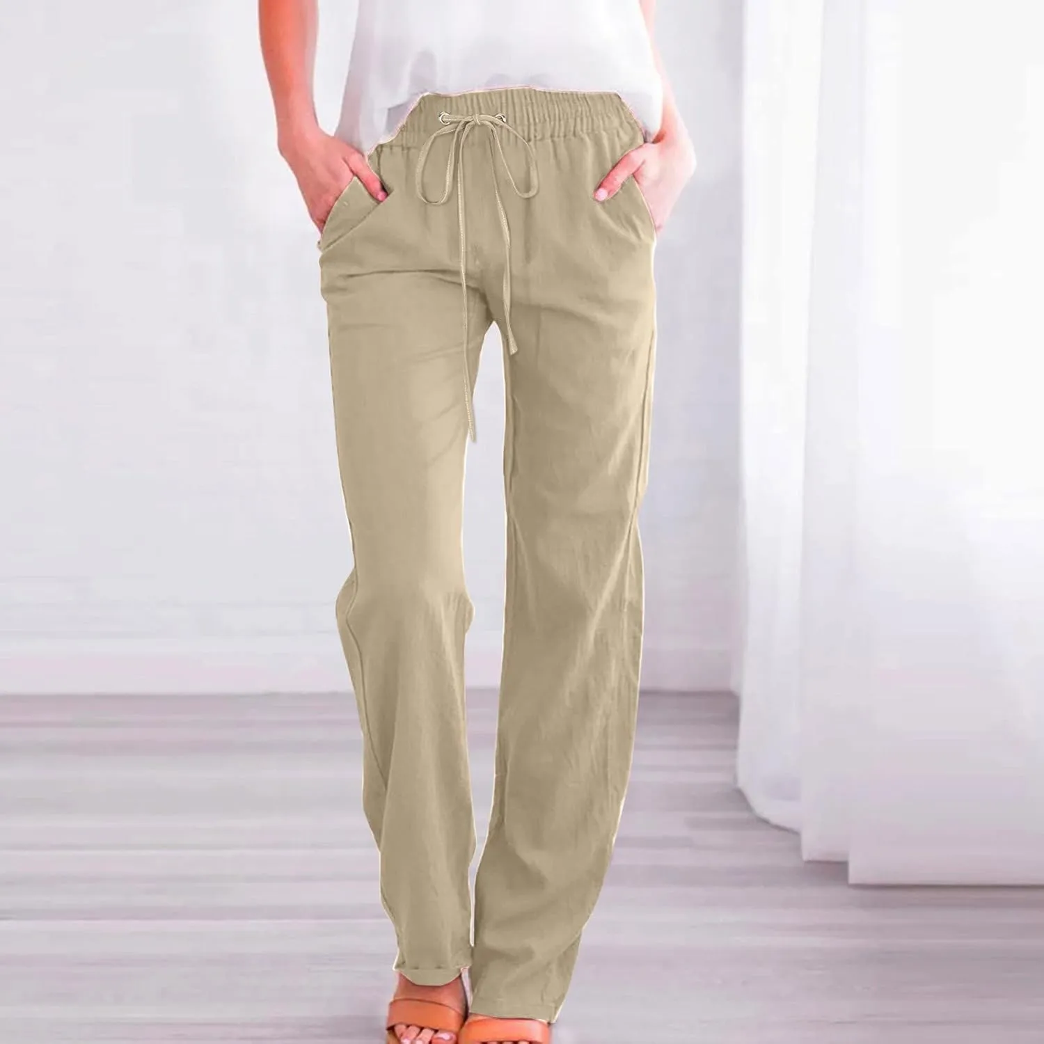 Women High Waisted Wide Leg Pants Casual Drawstring Elastic Trousers Comfy Straight Leg Long Pants with Pockets