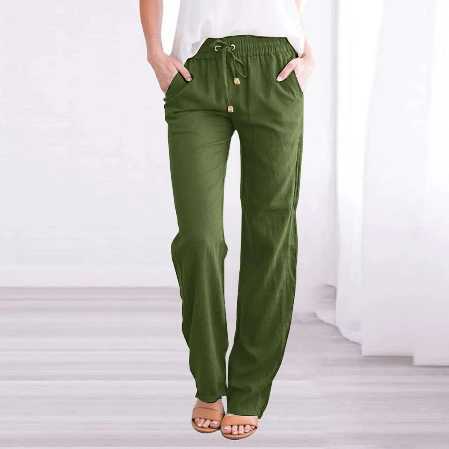 Women High Waisted Wide Leg Pants Casual Drawstring Elastic Trousers Comfy Straight Leg Long Pants with Pockets