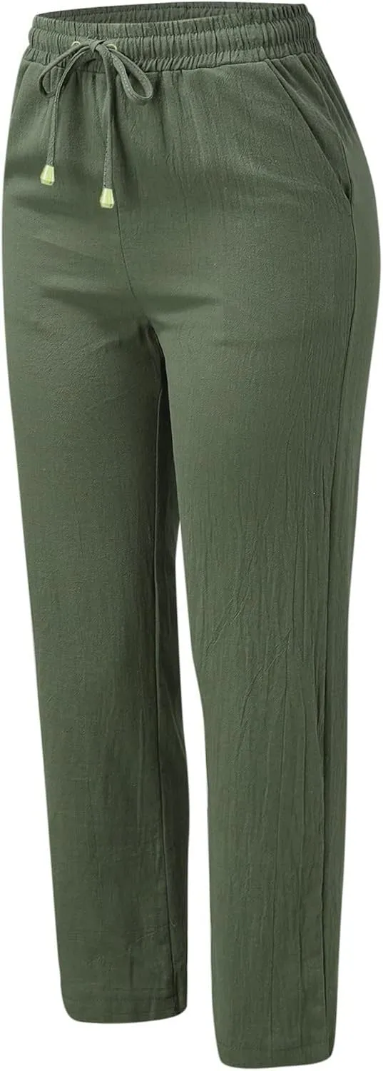 Women High Waisted Wide Leg Pants Casual Drawstring Elastic Trousers Comfy Straight Leg Long Pants with Pockets