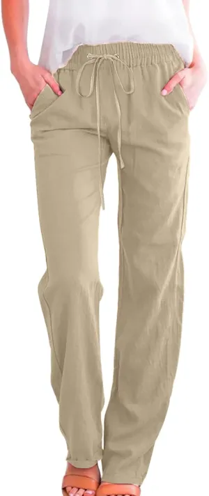 Women High Waisted Wide Leg Pants Casual Drawstring Elastic Trousers Comfy Straight Leg Long Pants with Pockets