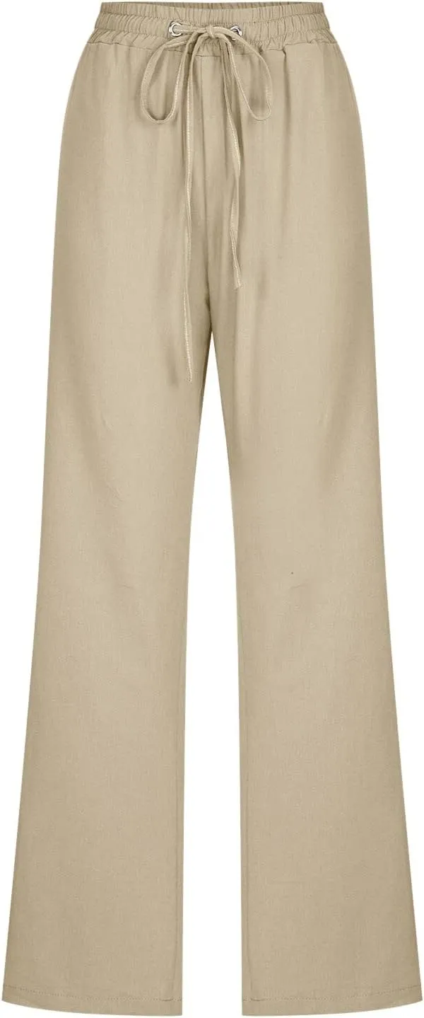 Women High Waisted Wide Leg Pants Casual Drawstring Elastic Trousers Comfy Straight Leg Long Pants with Pockets