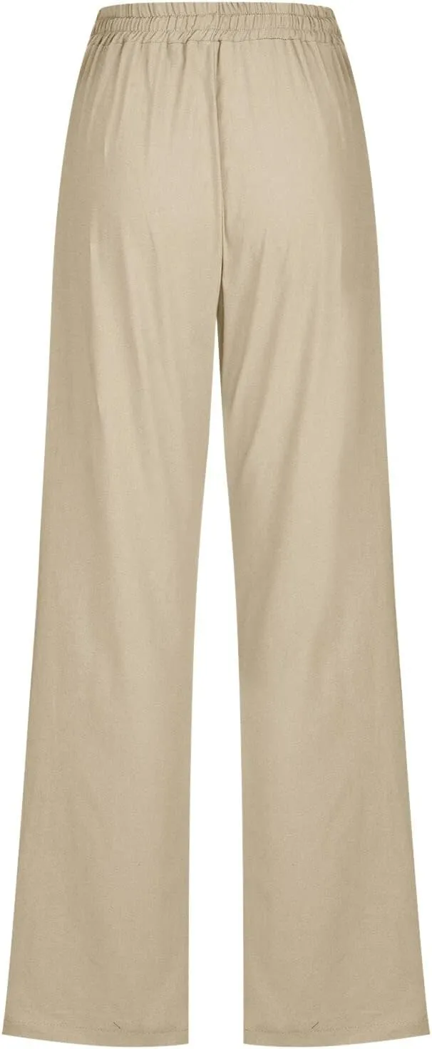 Women High Waisted Wide Leg Pants Casual Drawstring Elastic Trousers Comfy Straight Leg Long Pants with Pockets