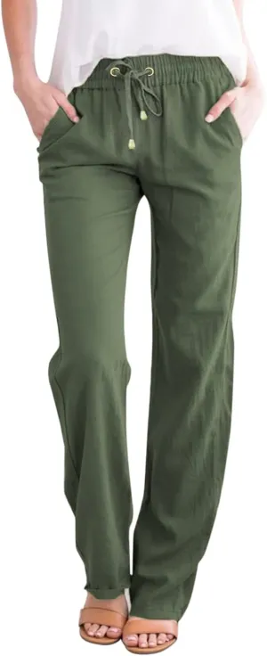 Women High Waisted Wide Leg Pants Casual Drawstring Elastic Trousers Comfy Straight Leg Long Pants with Pockets