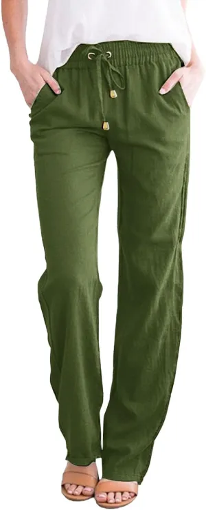 Women High Waisted Wide Leg Pants Casual Drawstring Elastic Trousers Comfy Straight Leg Long Pants with Pockets