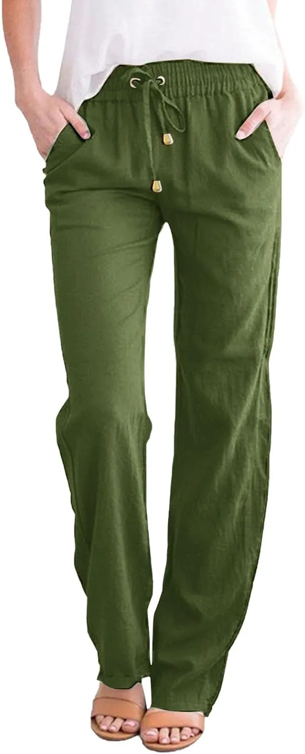 Women High Waisted Wide Leg Pants Casual Drawstring Elastic Trousers Comfy Straight Leg Long Pants with Pockets