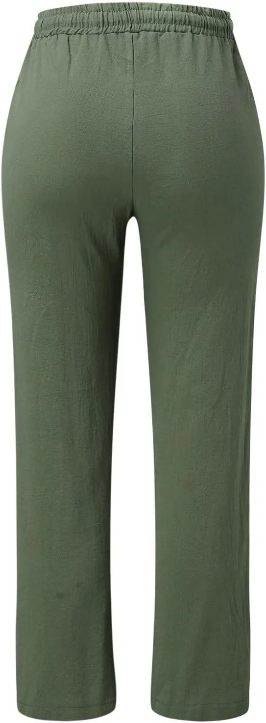 Women High Waisted Wide Leg Pants Casual Drawstring Elastic Trousers Comfy Straight Leg Long Pants with Pockets