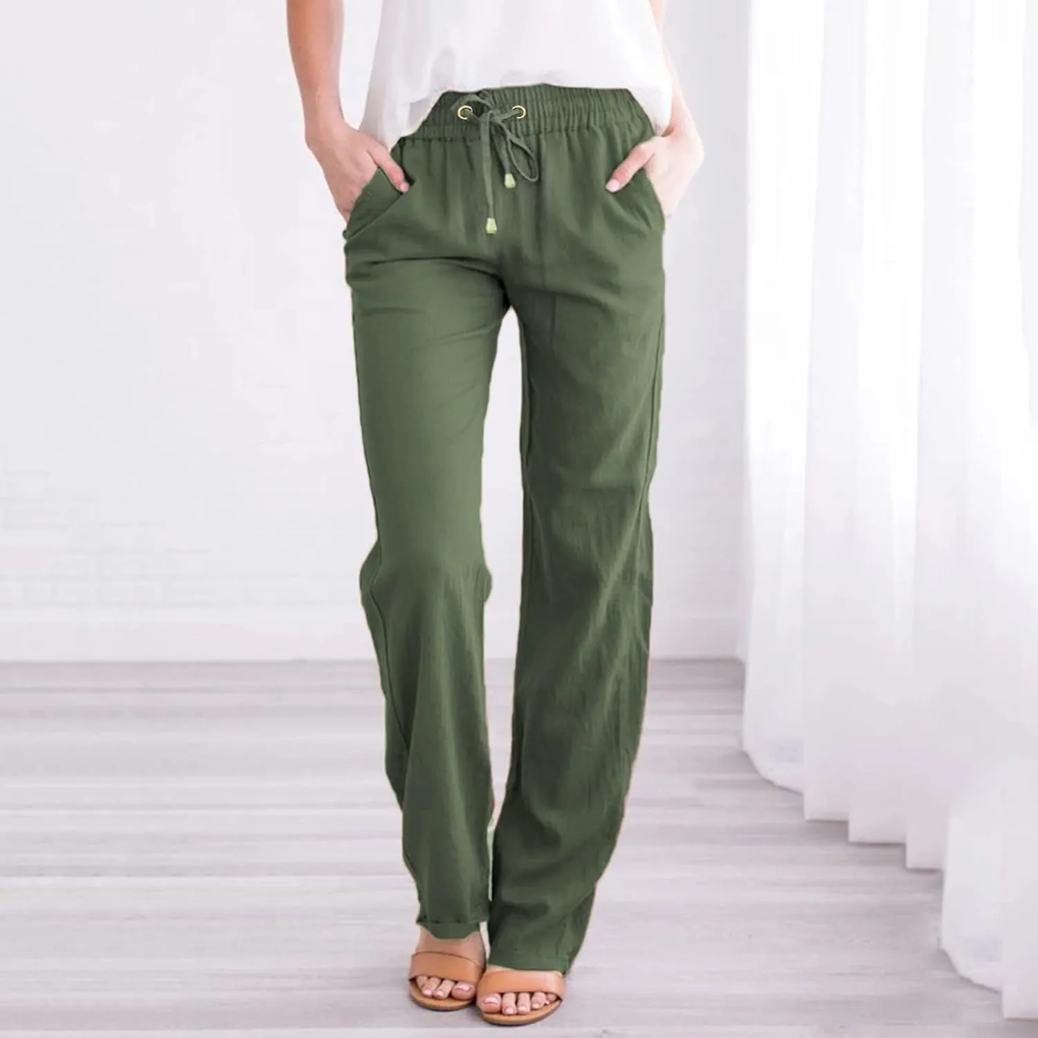Women High Waisted Wide Leg Pants Casual Drawstring Elastic Trousers Comfy Straight Leg Long Pants with Pockets