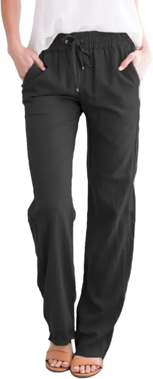 Women High Waisted Wide Leg Pants Casual Drawstring Elastic Trousers Comfy Straight Leg Long Womens Warm Casual