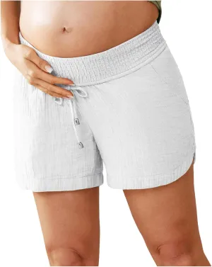 Women Layered Pleats Maternity Shorts Underbelly Drawstring Elastic Waist with Pockets Comfy Casual Beach Shorts