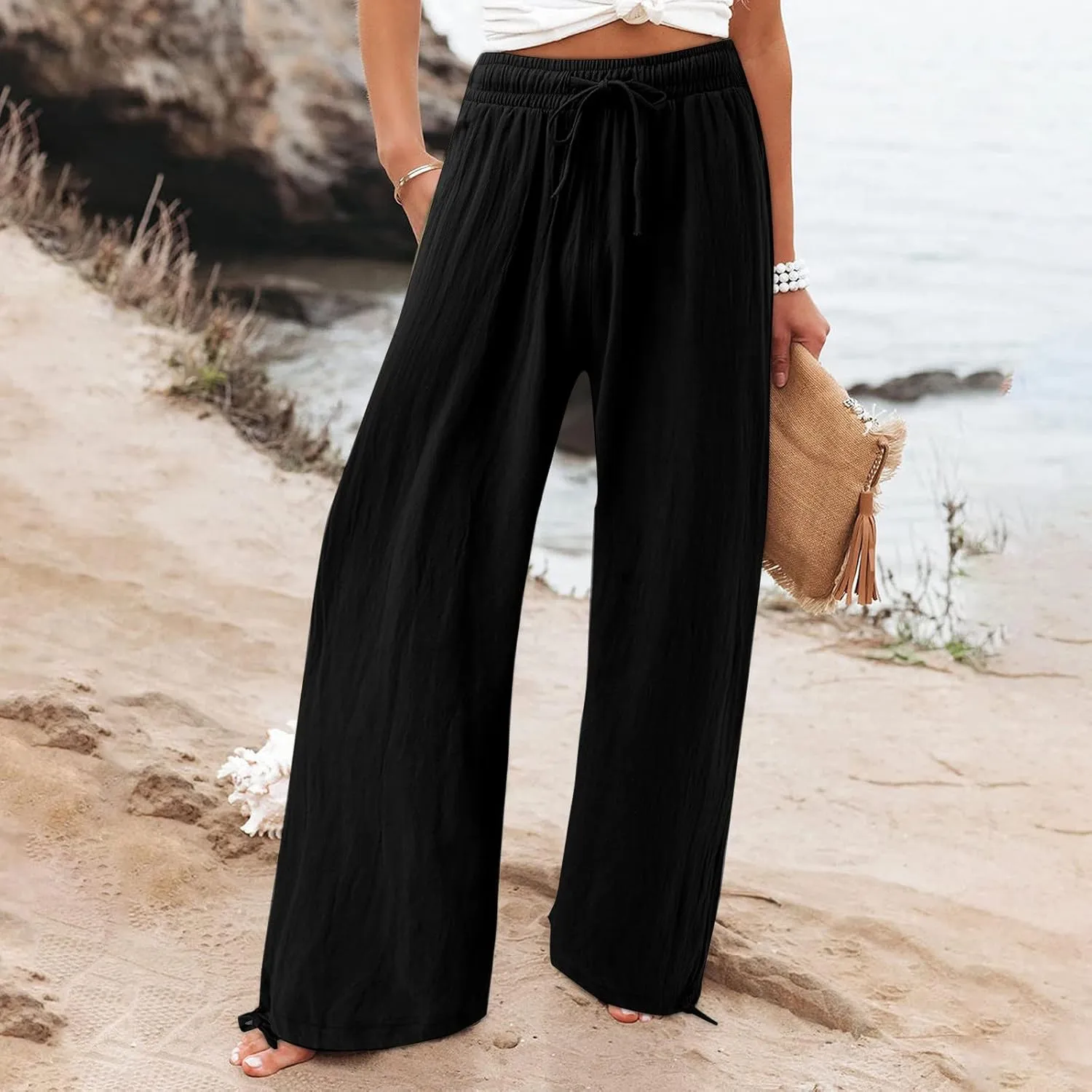 Women Linen Palazzo Pants 2024 Summer Comfy Flowy Wide Leg High Waist Loose Beach Long Lounge Pant Trouser with Pockets