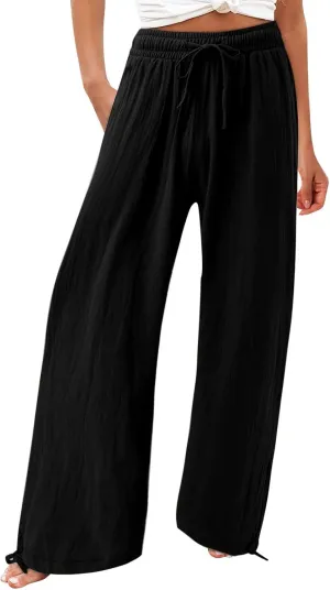 Women Linen Palazzo Pants 2024 Summer Comfy Flowy Wide Leg High Waist Loose Beach Long Lounge Pant Trouser with Pockets