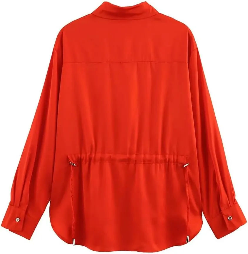 Women Loose Lapel Shirt Long Sleeve Single Breasted Solid Blouse Drawstring Slit Hem Shirts